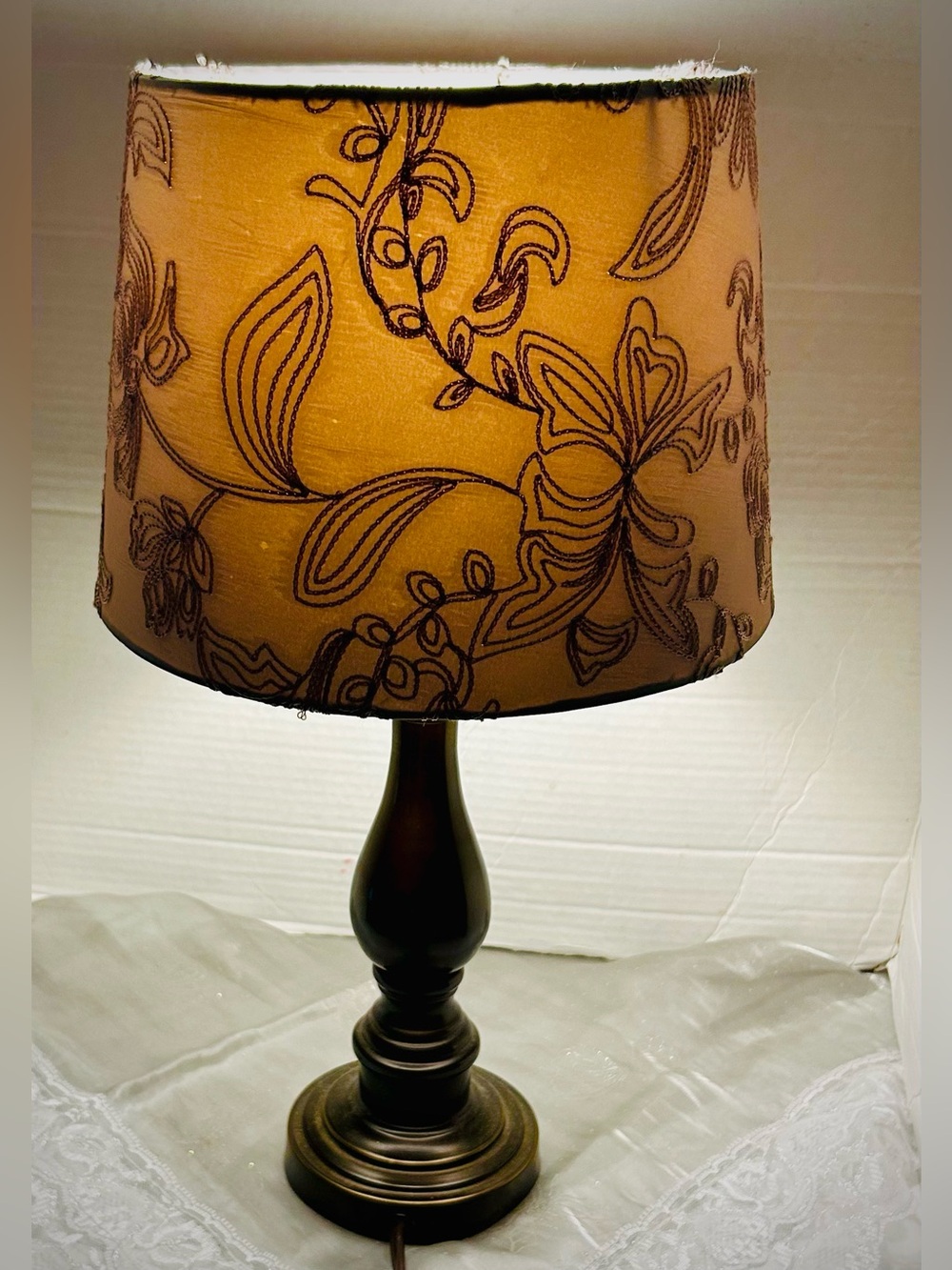 Rustic Farmhouse Wooden Table Lamp with Whimsical Embroidered Accent Shade 17”